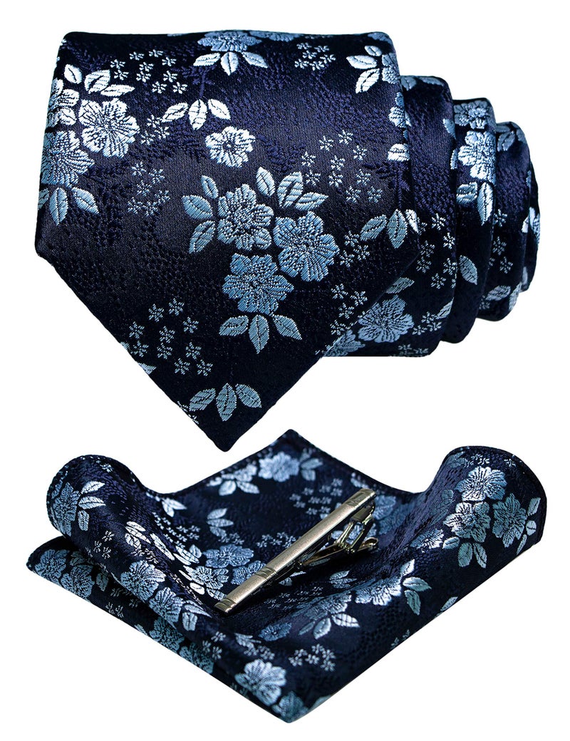 JEMYGINS Floral Navy Necktie and Pocket Square Tie Clip Sets for Men (25) - Image 1